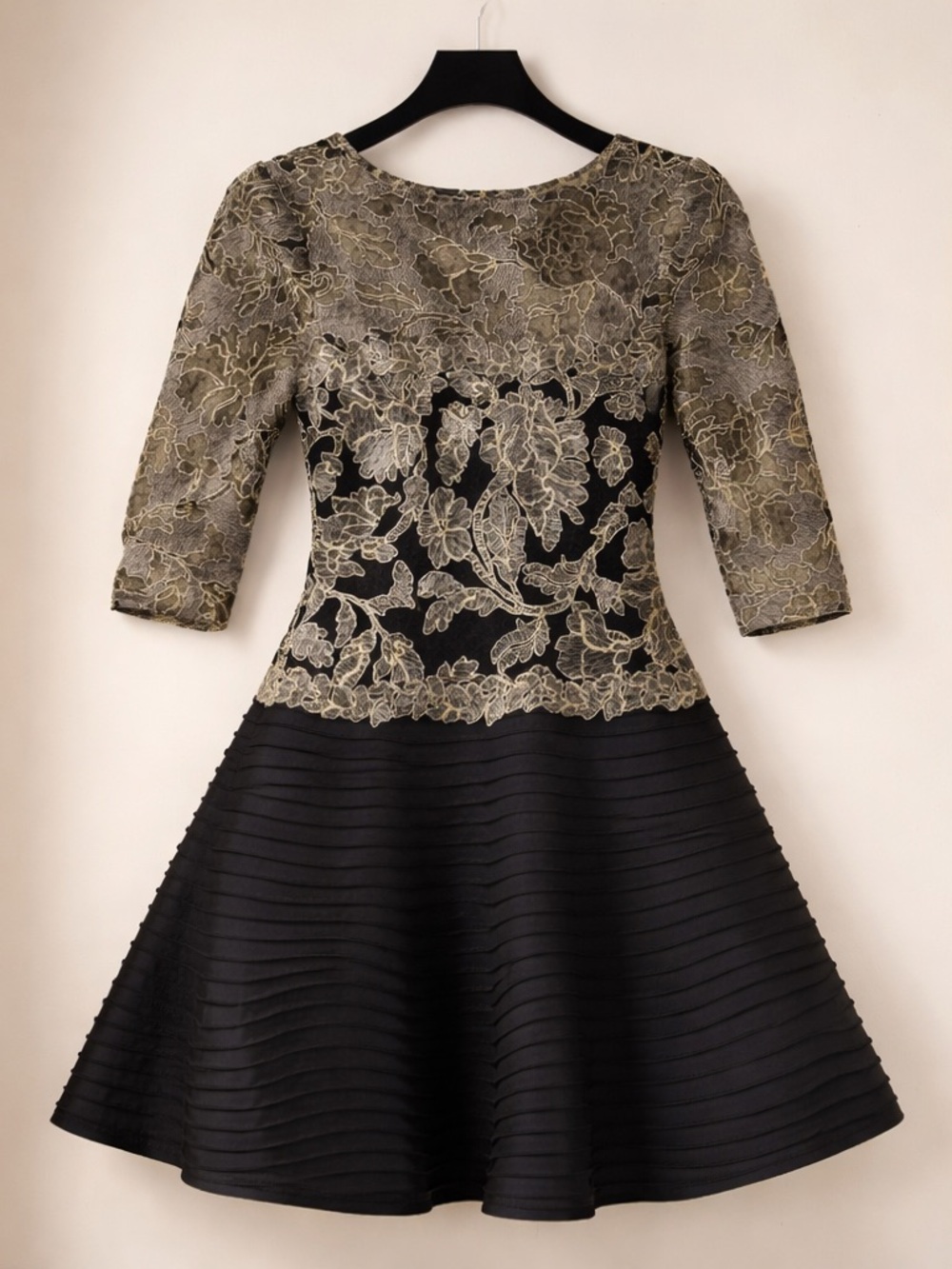 Tadashi Shoji Black and Gold Floral Lace Fit-and-Flare Midi Dress